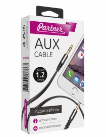Купить Аудио кабель Partner AUX 3,5mm - 3,5mm 1,2м плоский провод мет штекер черный