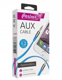 Купить Аудио кабель Partner AUX 3,5mm - 3,5mm 1,2м плоский провод мет штекер голубой
