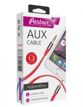 Купить Аудио кабель Partner AUX 3,5mm - 3,5mm 1,2м плоский провод мет штекер красный