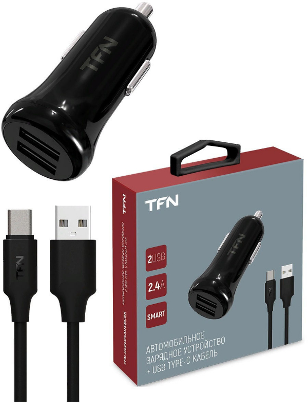 Купить АЗУ TFN CC2U24AUSBCBK адаптер 12V 5V/2.4A/2USB+кабель Type-C Black