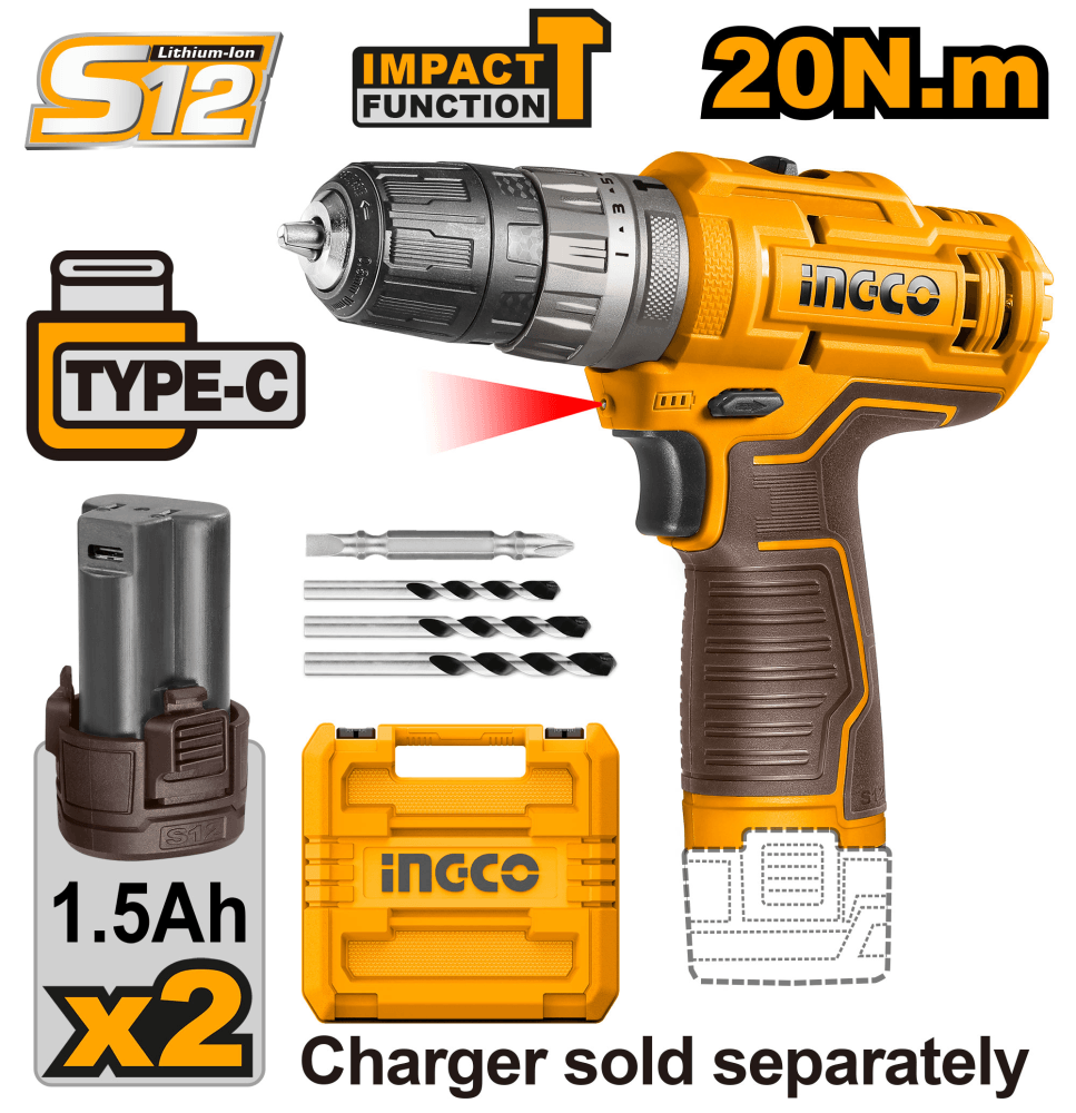 Купить Дрель-шуруповерт уд. Акк. CIDLI12202, 1500rpm, 20Нм, 2х12В 1.5Ач, Type-C порт зарядки,  без ЗУ, Кейс