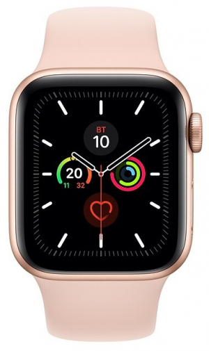 Купить Apple Watch Series 5, 44 мм, корпус из алюминия золотого цвета, спортивный браслет цвета «розовый песок» (MWVE2RU/A)