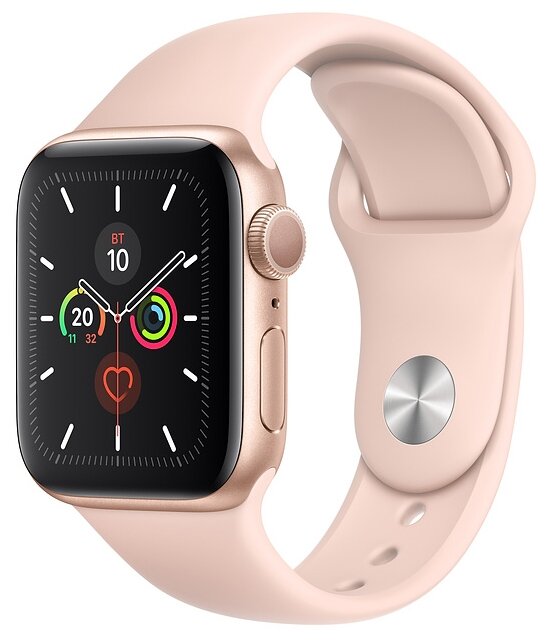 Купить Часы Apple Watch Series 5, 44 мм, корпус из алюминия золотого цвета, спортивный браслет цвета «розовый песок» (MWVE2RU/A)