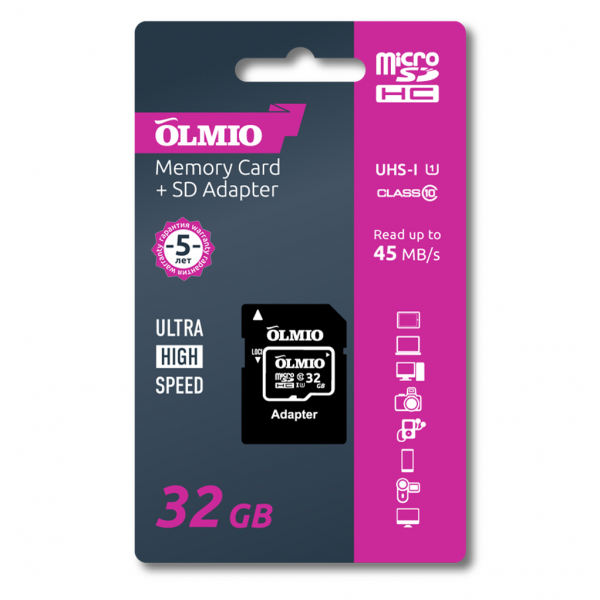Купить Карта памяти MicroSDHC OLMIO Class 10 UHS-I 32Gb c адаптером Black