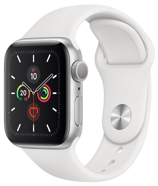 Купить Часы Apple Watch Series 5, 40 мм, корпус из алюминия серебристого цвета, спортивный браслет белого цвета (MWV62RU/A)