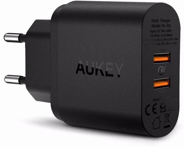 Купить Cетевое зарядное устройство Сетевое зарядное устройство Aukey, 2порта, Qualcomm Quick Charge 3.0, (ритейл) черное