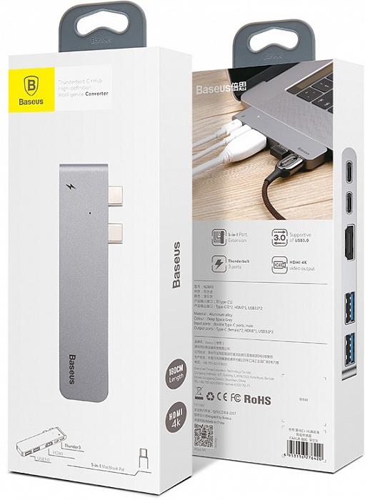 Купить Хаб Baseus Thunderbolt C+ Dual Type-C to USB3.0/HDMI/Type-C Female HUB Converter Deep Space Grey