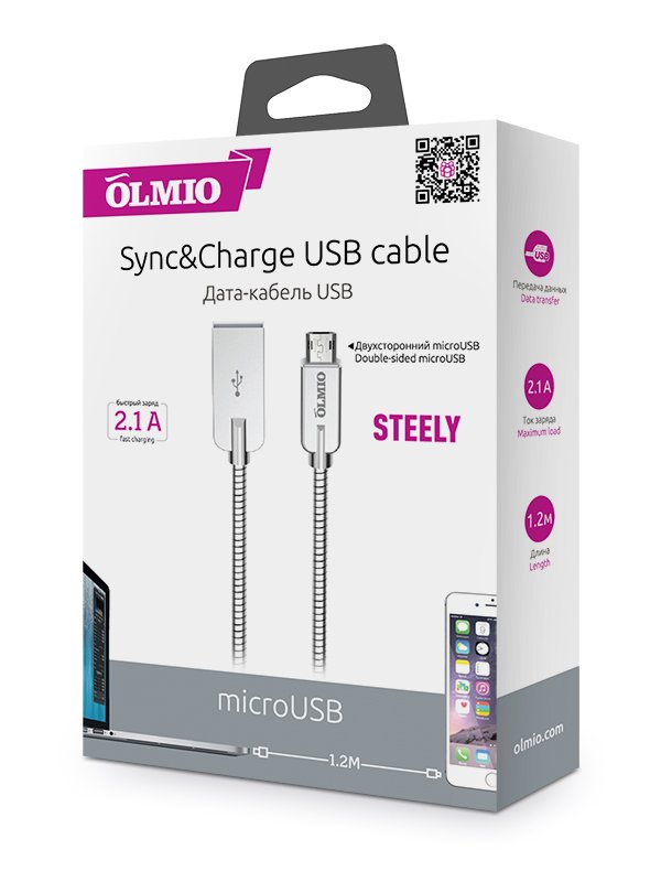Купить Кабель OLMIO Steely USB 2.0 - microUSB 2,1A серебро металлические штекеры металлическая оплетка