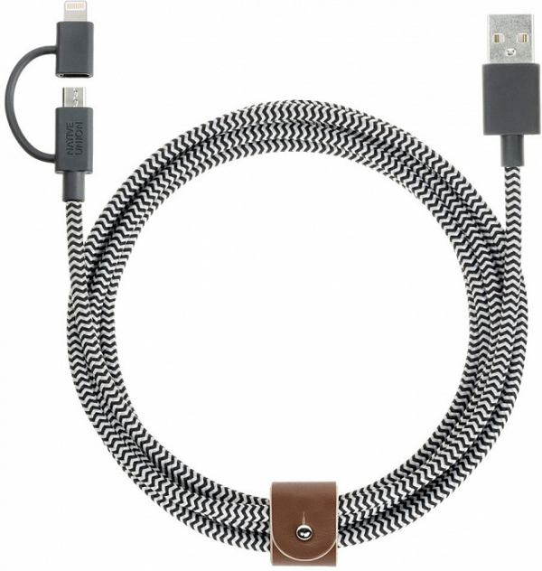 Купить Кабель зарядный Native Union BELT CABLE TWIN HEAD,Micro-USB/Lightning (2 в 1), длина 2 м.,цвет зебра