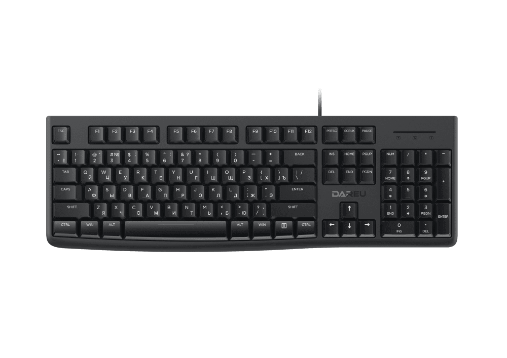 Купить Клавиатура проводная Dareu LK185 Black (черный), мембранная, 104 клавиши, EN/RU, 1,8м, размер 440x147x22мм