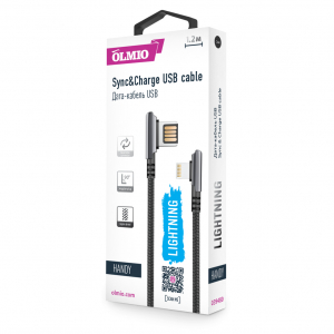 Купить Кабель OLMIO HANDY, USB 2.0 - lightning, 1.2м, 2.1A, угловой, двухсторонний, черный