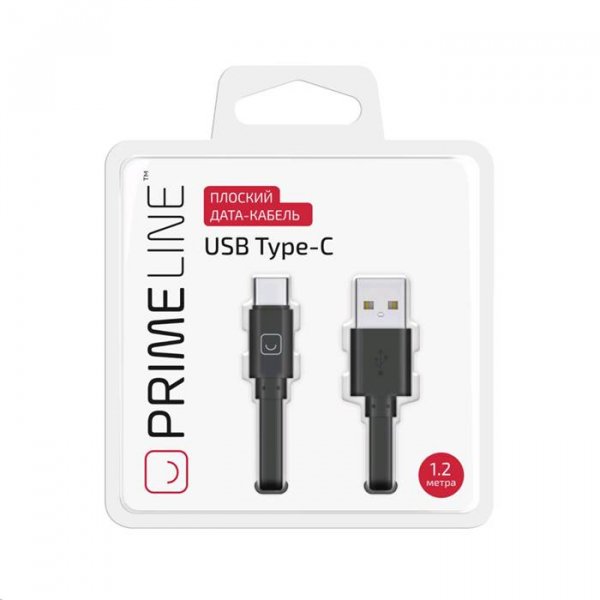 Купить Кабель для передачи данных Prime Line USB- USB Type-C, 1.2м, плоский, черный 7216