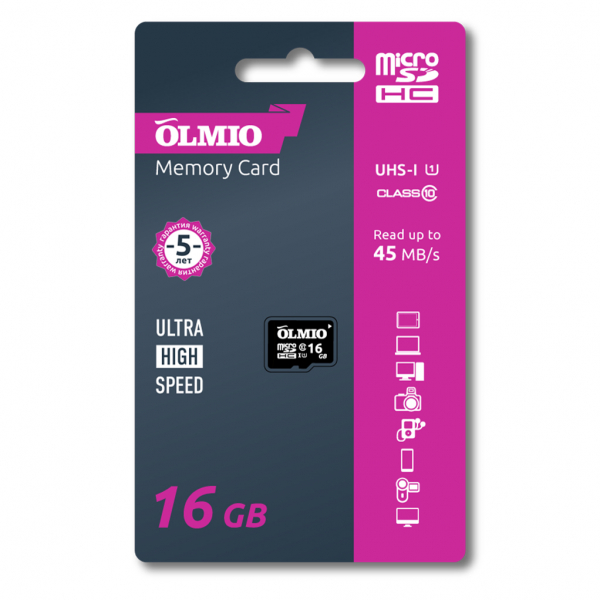 Купить Карта памяти MicroSDHC OLMIO Class 10 UHS-I 16Gb без адаптера Black