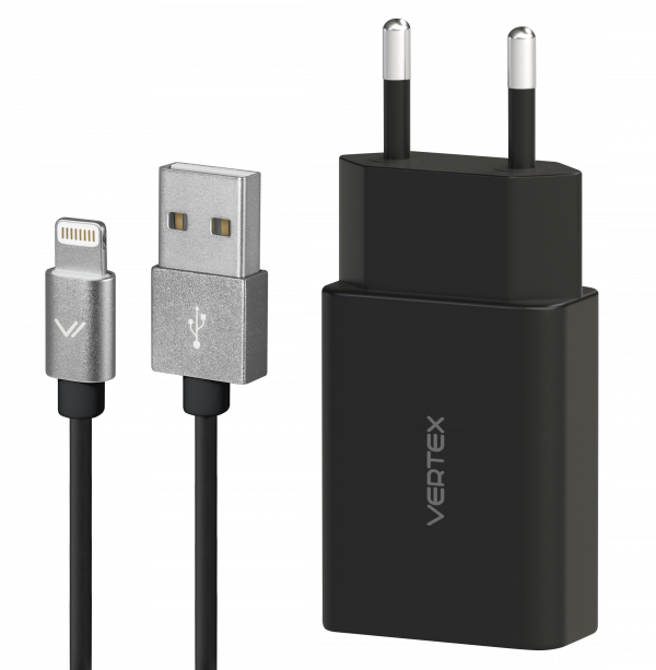 Купить СЗУ Vertex MFI USB 2,4А+ дата кабель USB-lightning (для iPhone), чёрный
