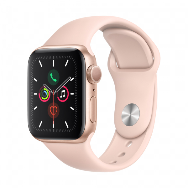 Купить Часы Apple Watch Series 5, 40 мм, корпус из алюминия золотого цвета, спортивный браслет цвета «розовый песок» (MWV72RU/A)