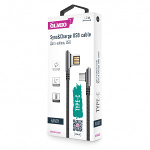 Купить Кабель OLMIO HANDY USB 2.0 - угловой USB  type-C 1.2м 2.1A угловой двухсторонний черный