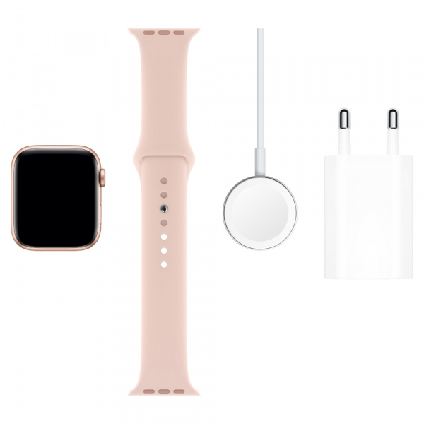 Купить Apple Watch Series 5, 40 мм, корпус из алюминия золотого цвета, спортивный браслет цвета «розовый песок» (MWV72RU/A)